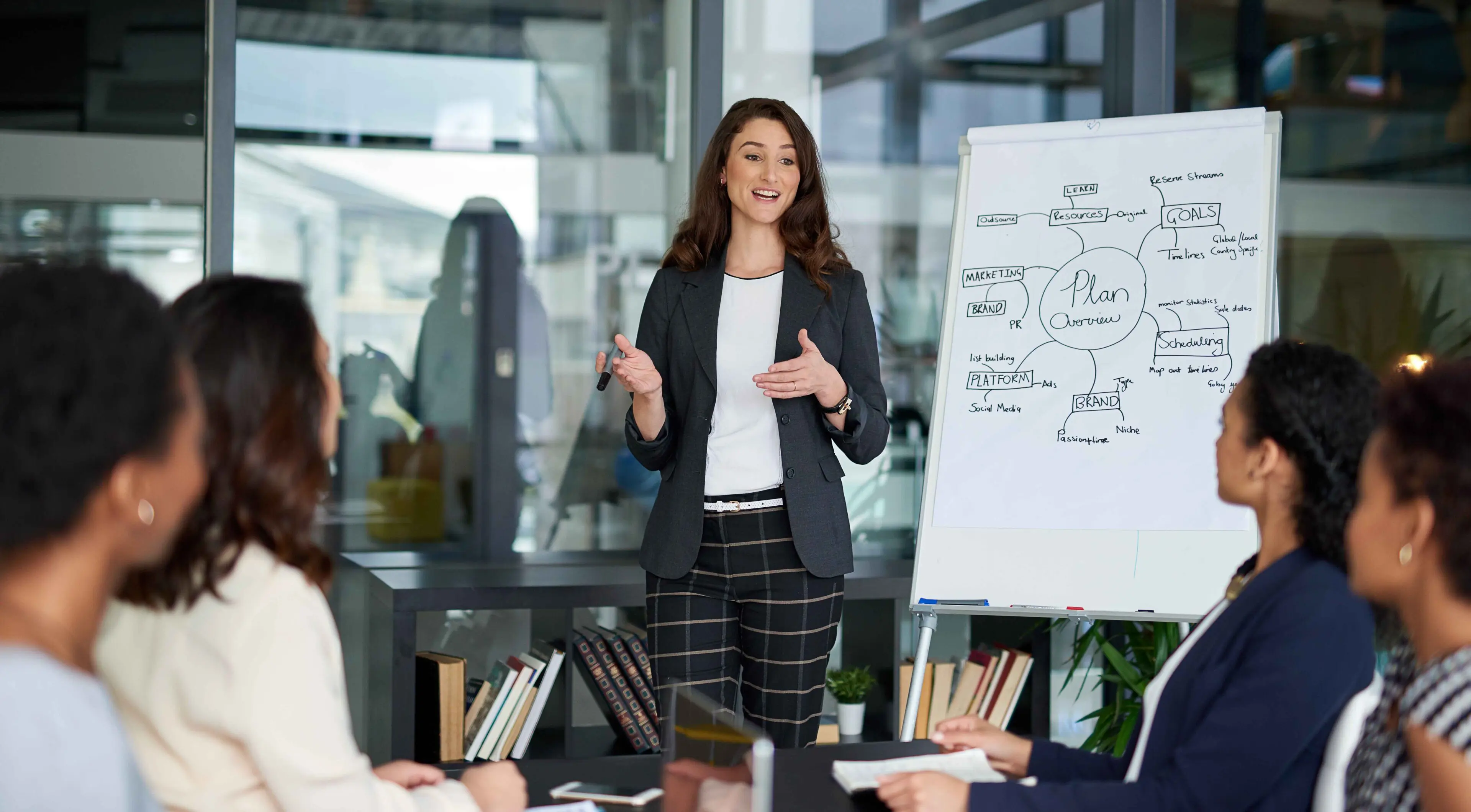 A woman in a suit presents a plan on a flip chart to four people seated around a table in an office setting.