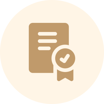 Icon of a document with horizontal lines, accompanied by a ribbon featuring a checkmark, set against a circular beige background.