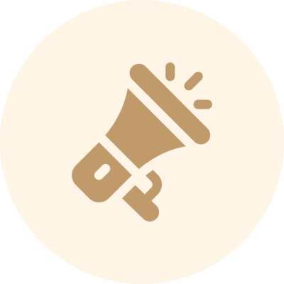Icon of a brown megaphone with sound lines in a beige circle.