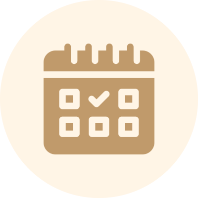 Illustration of a brown calendar icon with a checkmark on a cream circular background.